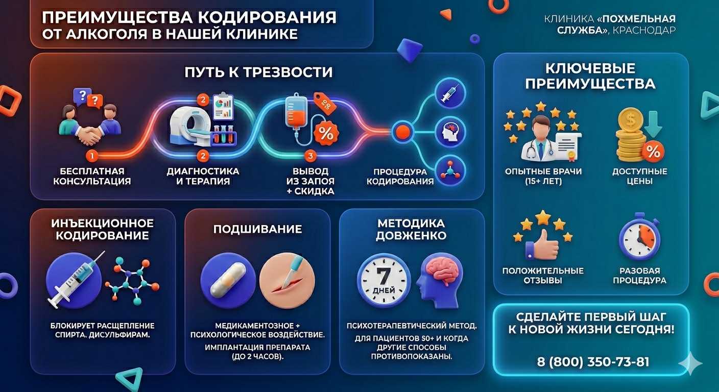 Инфографика о методах кодирования от алкоголя в городе Буй: инъекции, подшивание, метод Довженко. Преимущества клиники и этапы лечения.